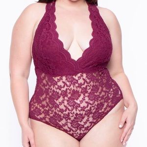 Plus Size Maroon Lace Plunge Bodysuit